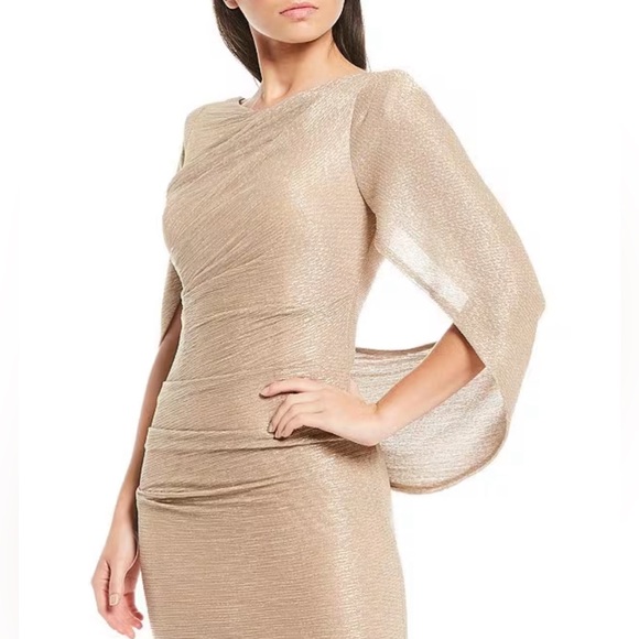 Betsy Adam Gold Drape Back Detail Sleeve Round Neck Metallic Crinkle Ruched Gown - Picture 4 of 9
